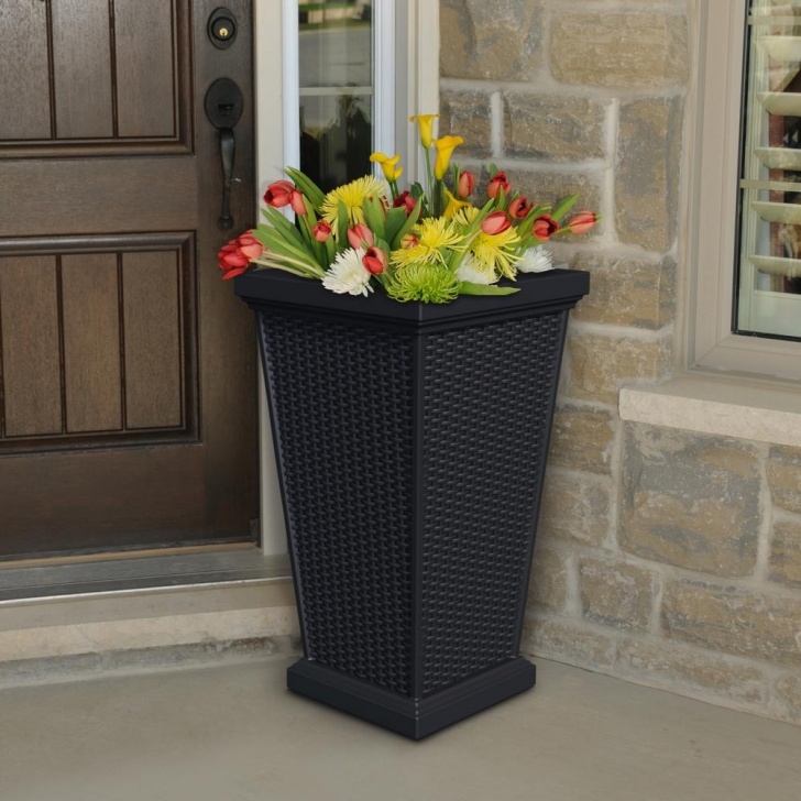 Tall Plant Pots Outdoor Mayne Wellington 16 In. Square Black Plastic Planter-5863 Picture 385